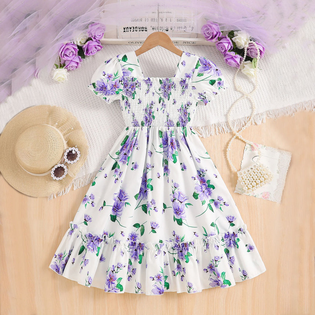 Girls White Floral Printed Puff Sleeves Smocked Fit & Flare Casual Dress Casual Dresses White 3-4 Y