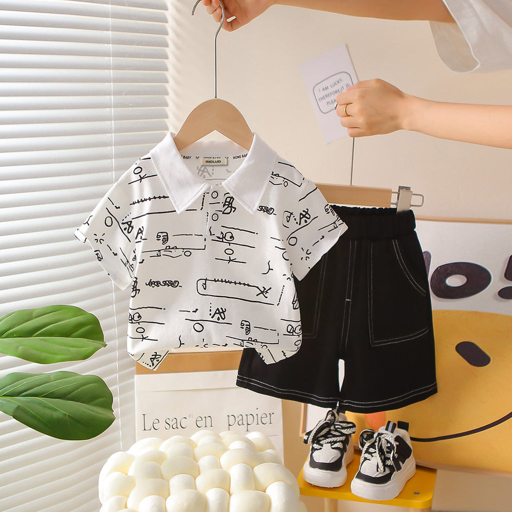 Boys Black Abstract Printed Polo T-Shirt With Contrast Stitched Shorts Set 2 pc. Sets
