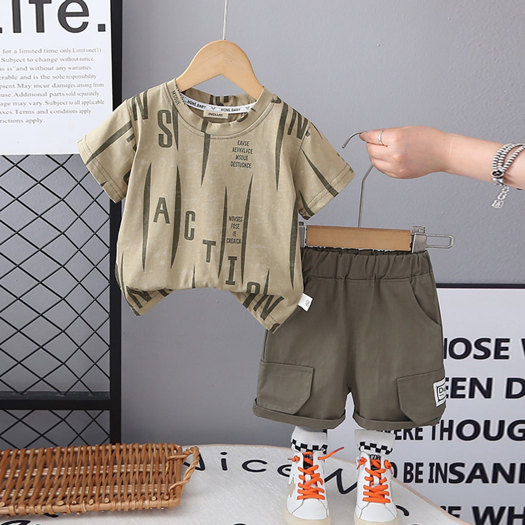 Boys Printed Short Sleeves Round Neck T-Shirt With Olive Green Shorts Set 2 pc. Sets Green 1-2 Y