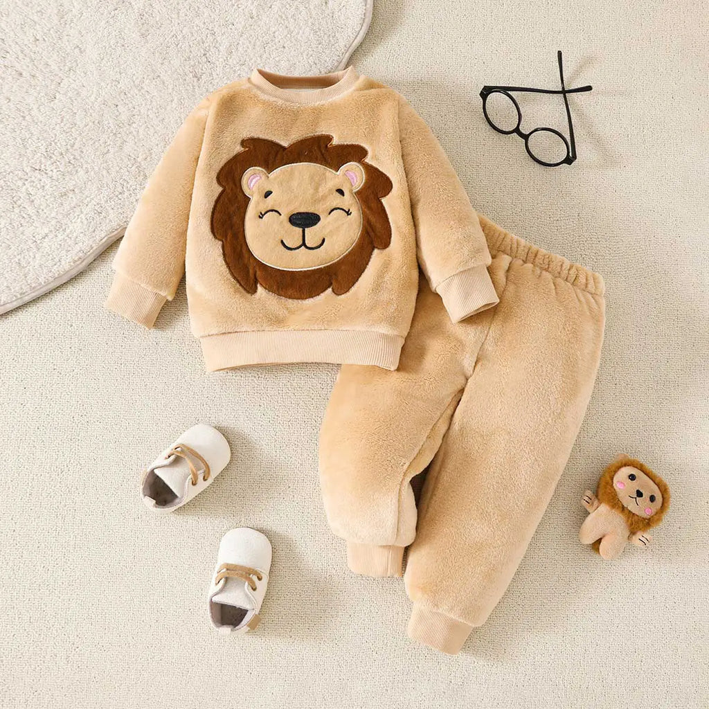 Boys Beige Lion Embroidered Sweatshirt With Jogger Co-ord Set 2 pc. Sets Beige 1-2 Y