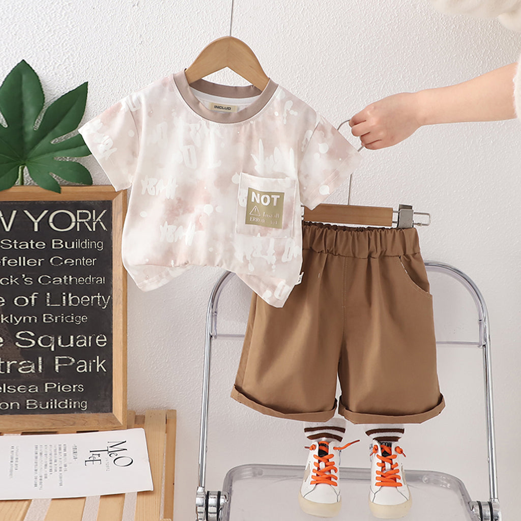 Boys Brown Printed Short Sleeves T-Shirt With Shorts Set 2 pc. Sets Brown 1-2 Y
