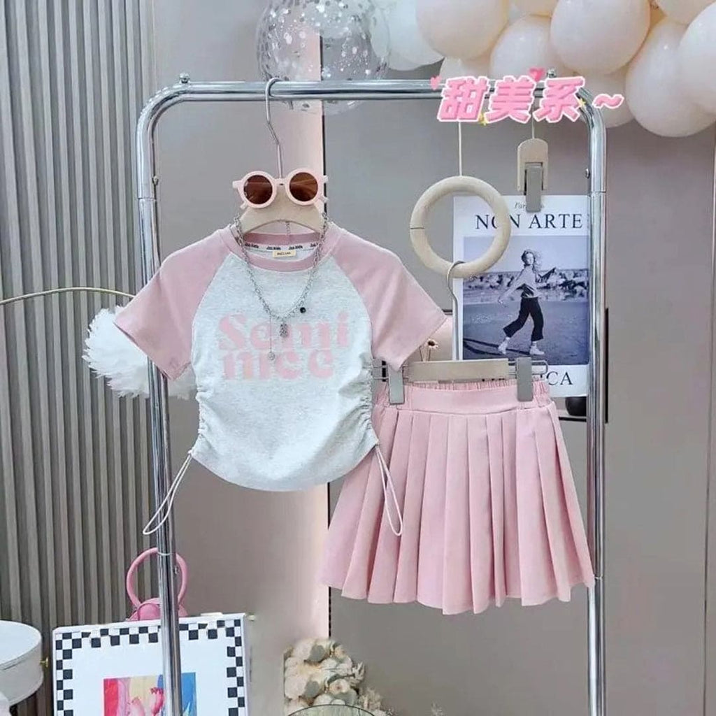 Girls Raglan Sleeve Printed Top With Pleated Skirt 2 pc. Sets Pink 4-5 Y