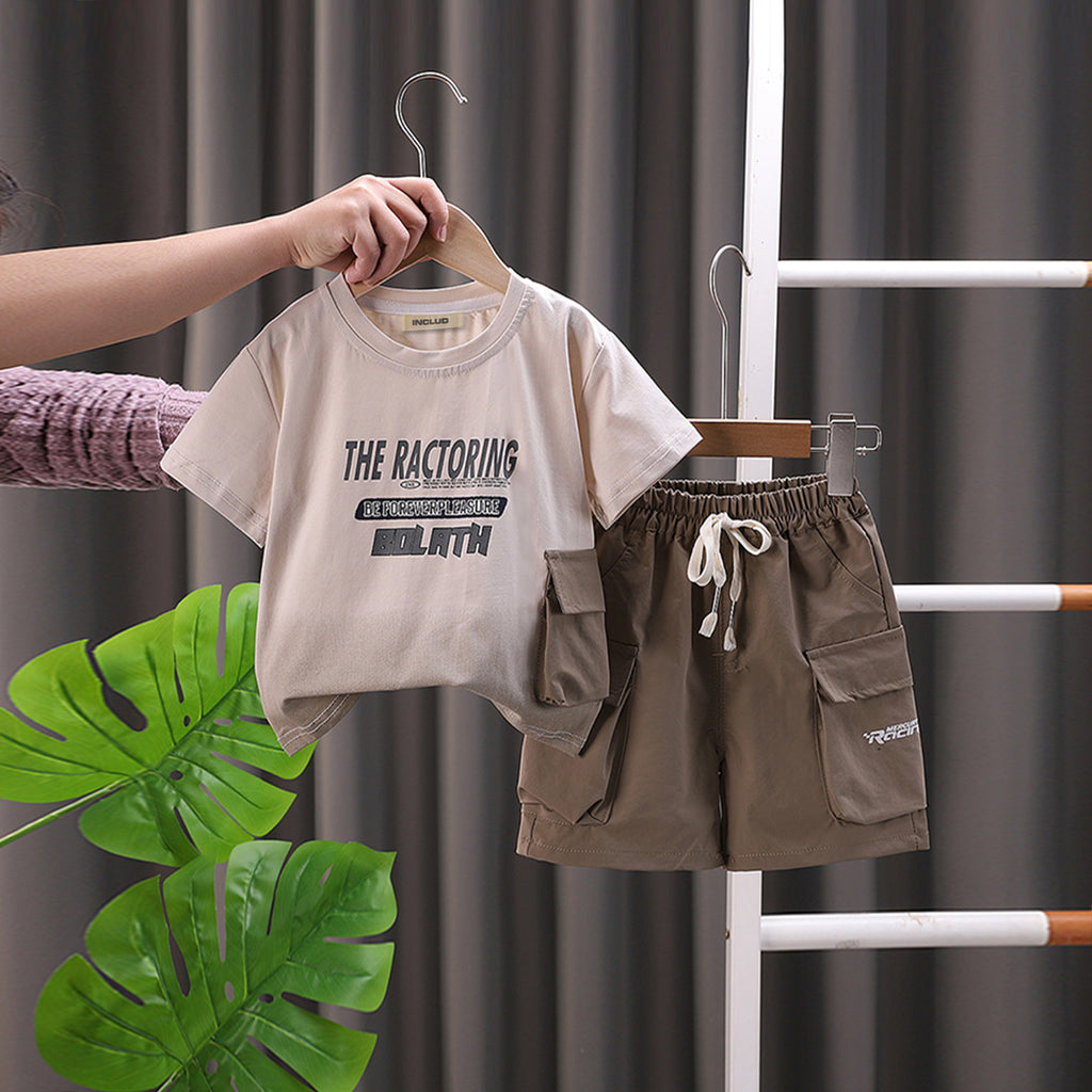 Boys Typographic Printed Contrast Pocketed T-Shirt With Brown Cargo Shorts Set 2 pc. Sets Brown 1-2 Y