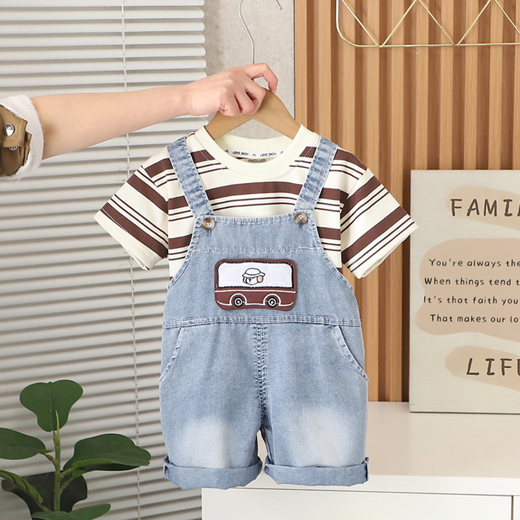 Boys Brown Striped T-Shirt with Denim Dungaree Set Sets Brown 1-2 Y