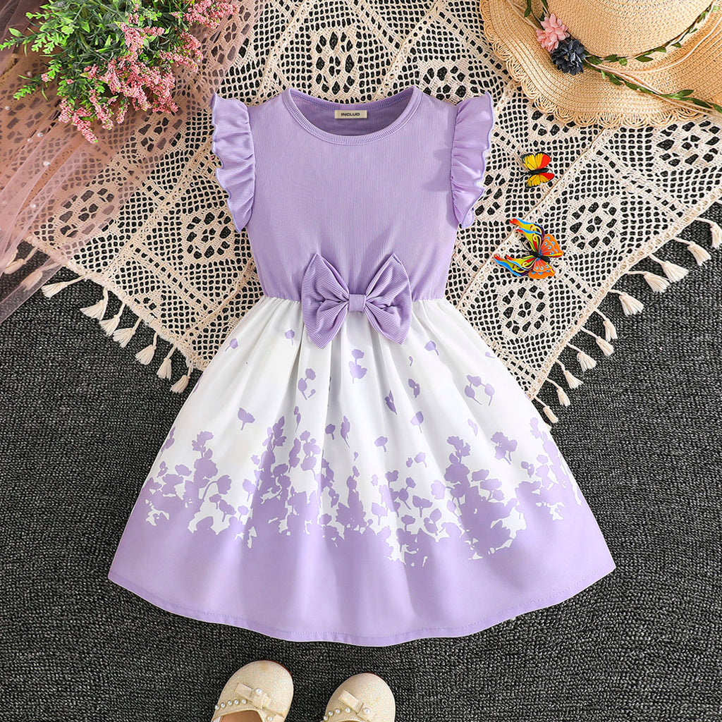 Girls Purple Floral Printed Flutter Sleeves Dress Casual Dresses Purple 3-4 Y