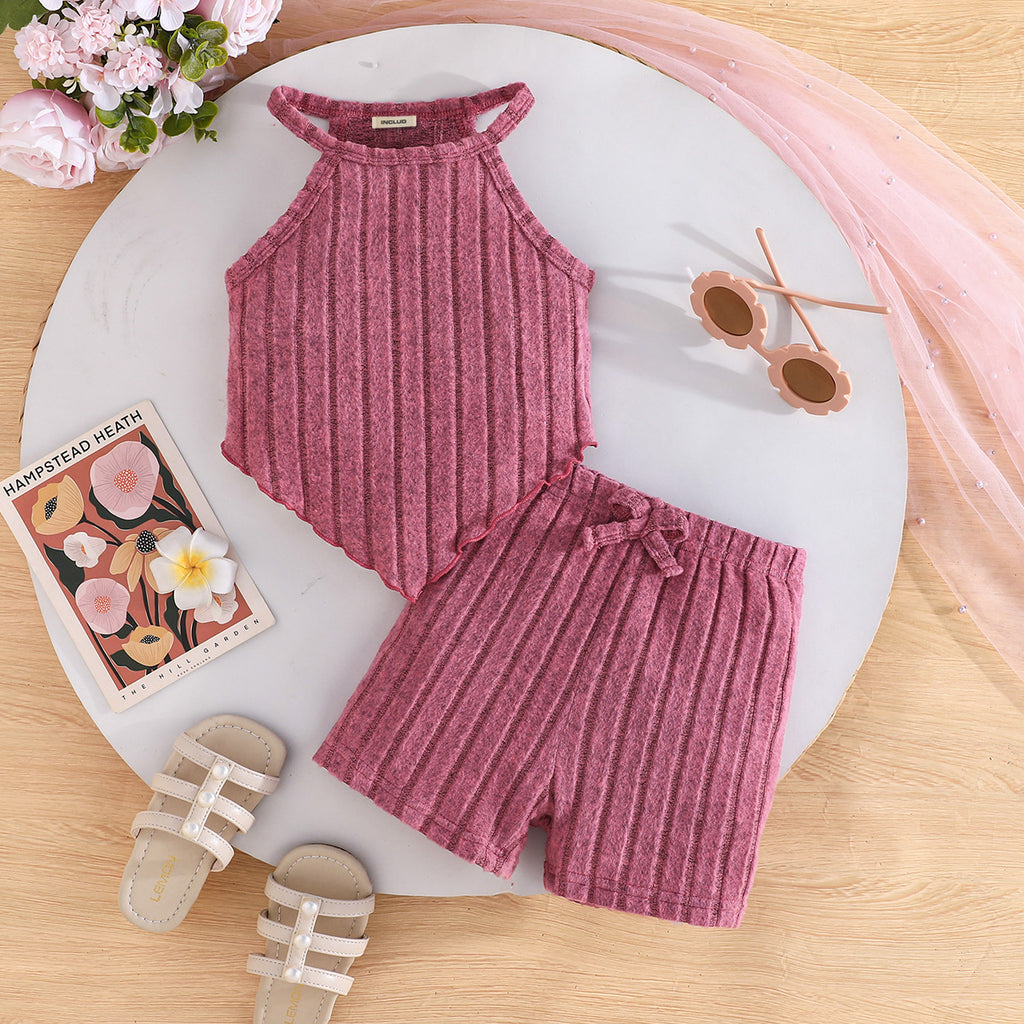Girls Pink Halter Neck Asymmetrical Top With Shorts Set 2 pc. Sets Pink 2-3 Y