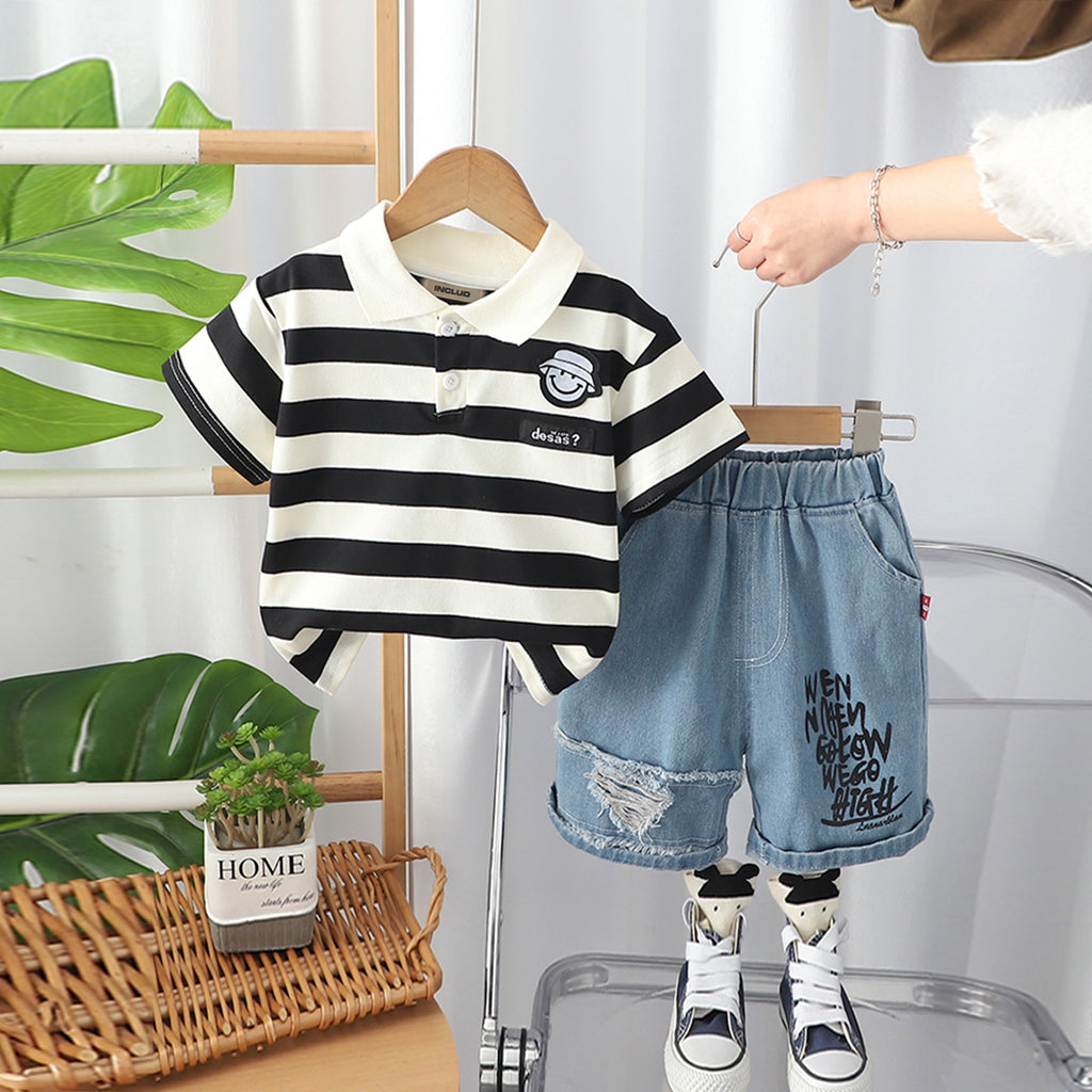 Boys Black Striped Polo T- Shirt With Printed Denim Shorts Set 2 pc. Sets Black 1-2 Y