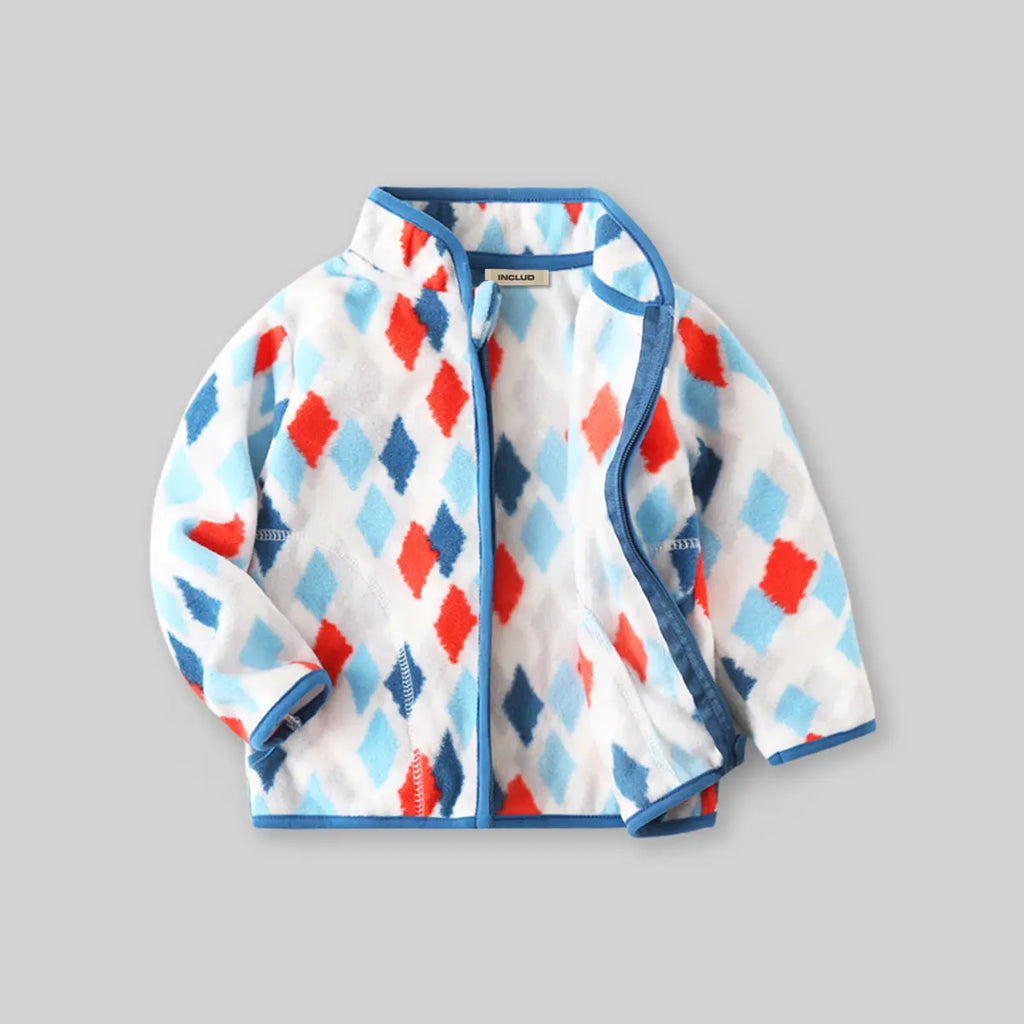 Boys White Fleece Zipper Jacket With Self design Diamond Patterns Coats & Jackets White 1-2 Y