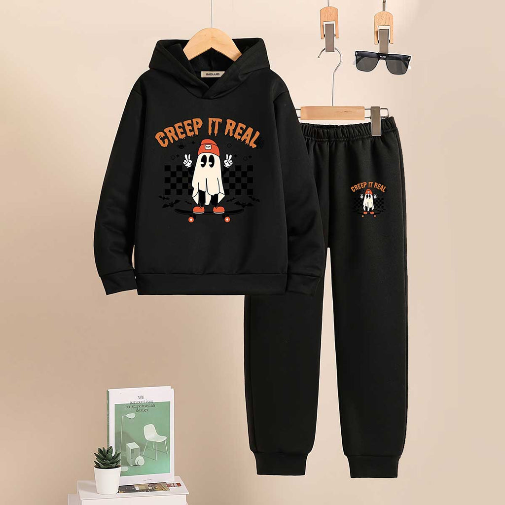 Boys Black Ghost Skateboard Halloween Printed Sweatshirt With Jogger Co-ord Set 2 pc. Sets Black 7-8 Y