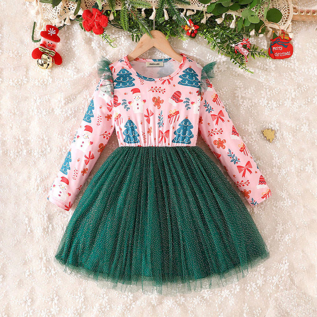 Girls Green Printed Tulle Overlay Fit & Flare Winter Casual Dress Casual Dresses Green 3-4 Y