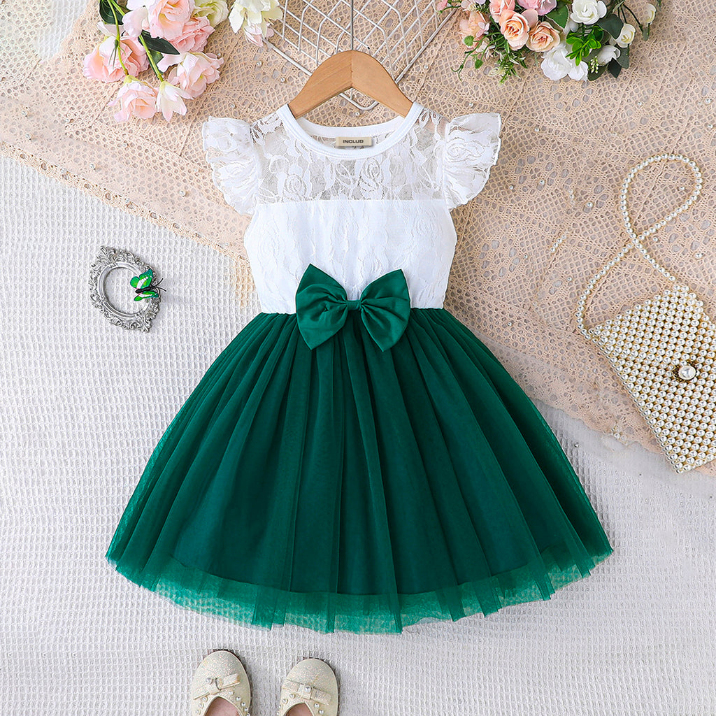 Girls Green Short Sleeve Embroidered Dress With Bow Casual Dresses Green 2-3 Y