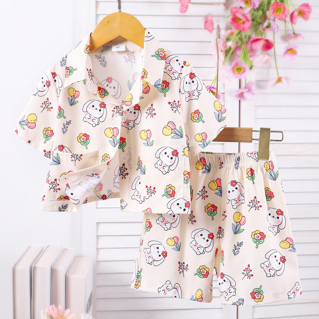 Girls White Cartoon Graphic Printed Short Sleeve Shirt With Shorts Set 2 pc. Sets White 2-3 Y