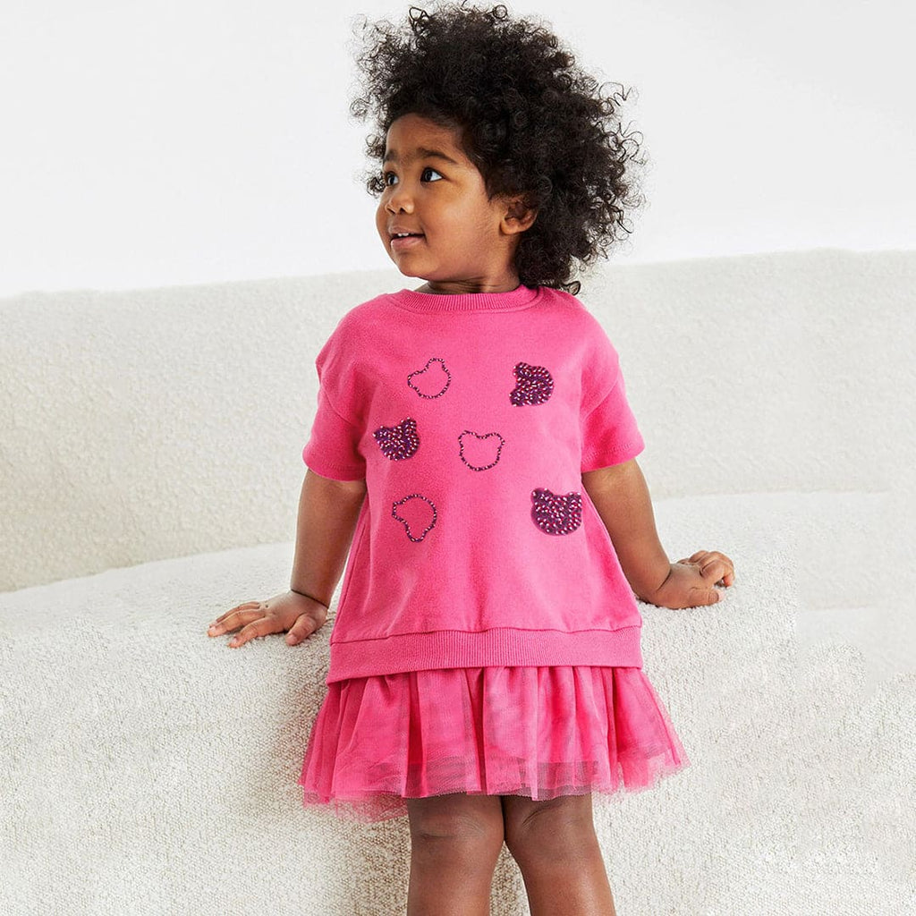 Girls Sequins Short Sleeve Dropwaist Dress Casual Dresses Pink 1-2 Y 