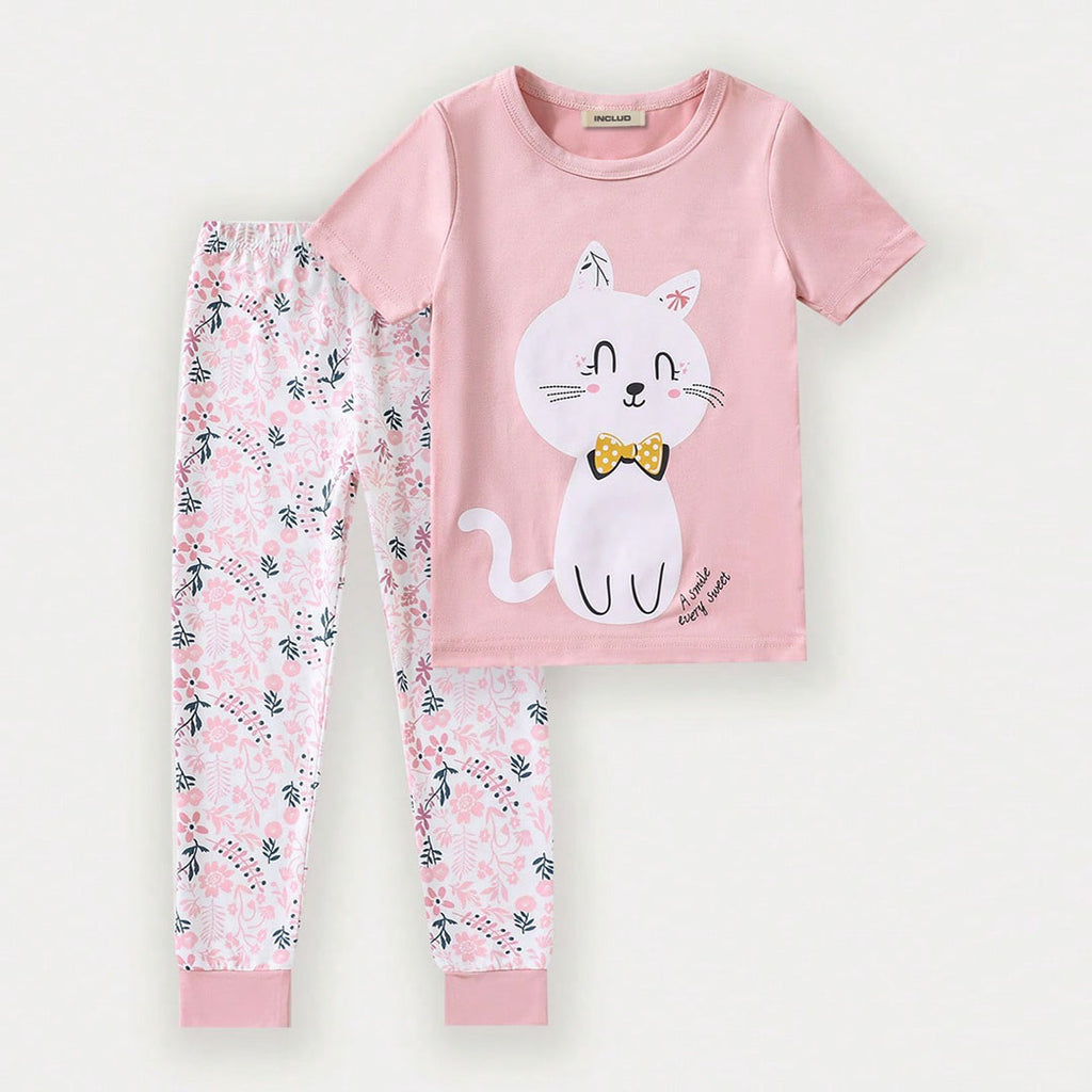 Girls Pink Cat Print T-shirt with Floral Print Pajama Set Sets Pink 3-4 Y