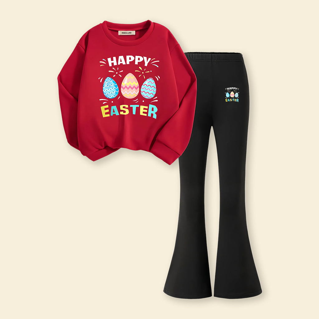 Girls Red Typographic Long Sleeve Sweatshirt With Flared Pants Sets 2 pc. Sets Red 7-8 Y