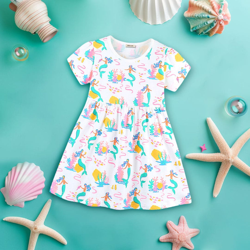 Girls Short Sleeve Mermaid Printed Dress Casual Dresses White 1-2 Y 