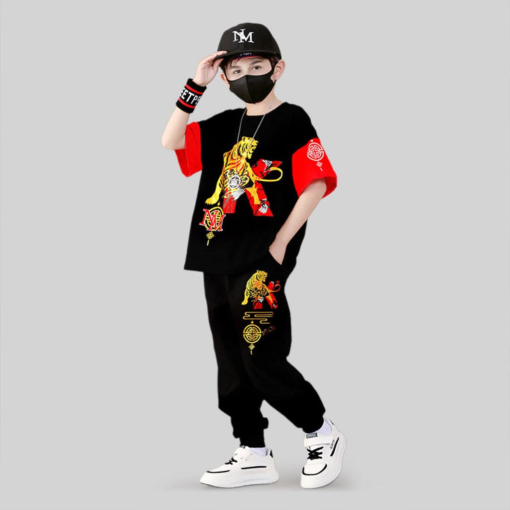 Boys Lion Print Short Sleeve T-Shirt With Pants 2 pc. Sets Black 4-5 Y 