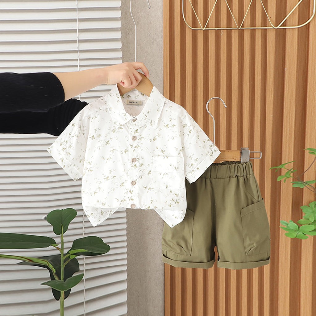 Boys Floral Printed Short sleeve Shirt With Green Shorts Set 2 pc. Sets Green 1-2 Y