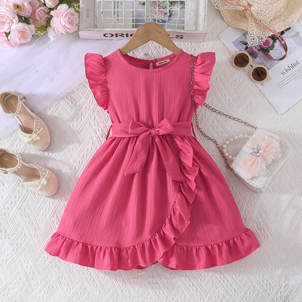 Girls Pink Flutter Sleeves Bottom Ruffled Casual Dress Casual Dresses Pink 3-4 Y