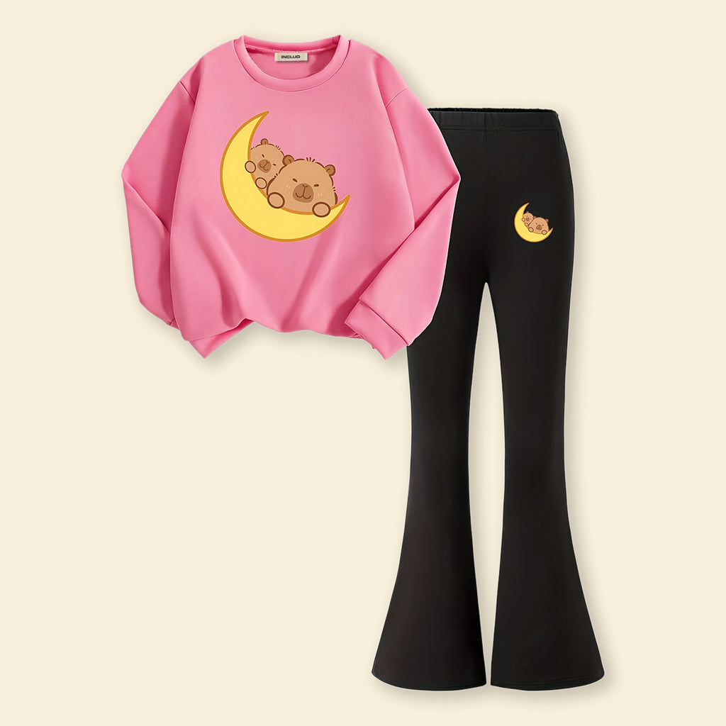 Girls Pink Moon Graphics Sweatshirt With Flared Pants Sets 2 pc. Sets Pink 7-8 Y