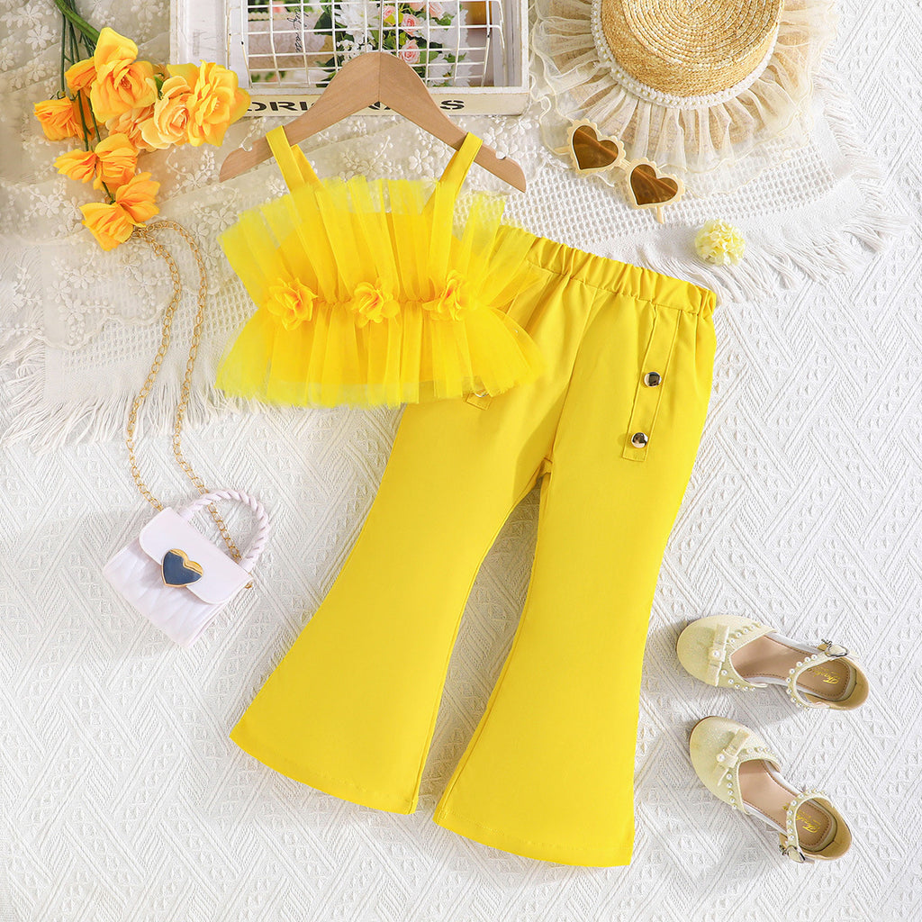 Girls Yellow Strappy Top With Wide Bottom Trouser 2 pc. Sets