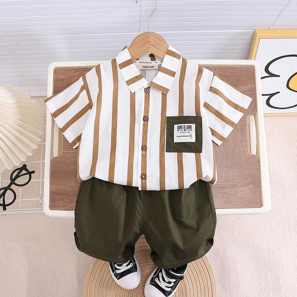 Boys Striped Short Sleeve Shirt With Shorts Set 2 pc. Sets Beige 1-2 Y 