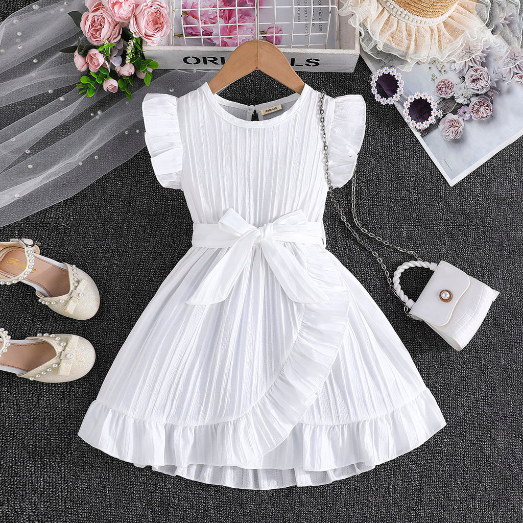 Girls White Flutter Sleeves Round Neck Dress Casual Dresses White 3-4 Y