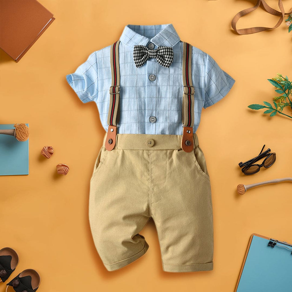 Boys Checkered Shirt With Suspender Shorts Set Sets Light Blue 1-2 Y 