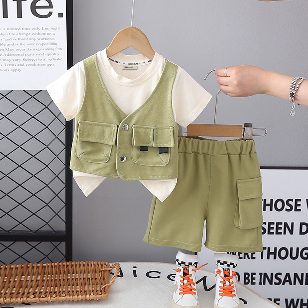 Boys Green Short Sleeves Attached Waistcoat T-Shirt With Shorts
