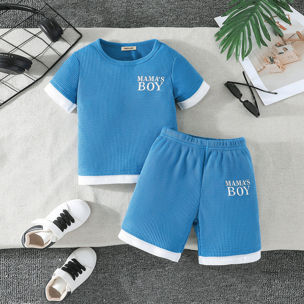 Boys Blue Self Checked Short Sleeves T-Shirt With Shorts Set 2 pc. Sets Blue 2-3 Y