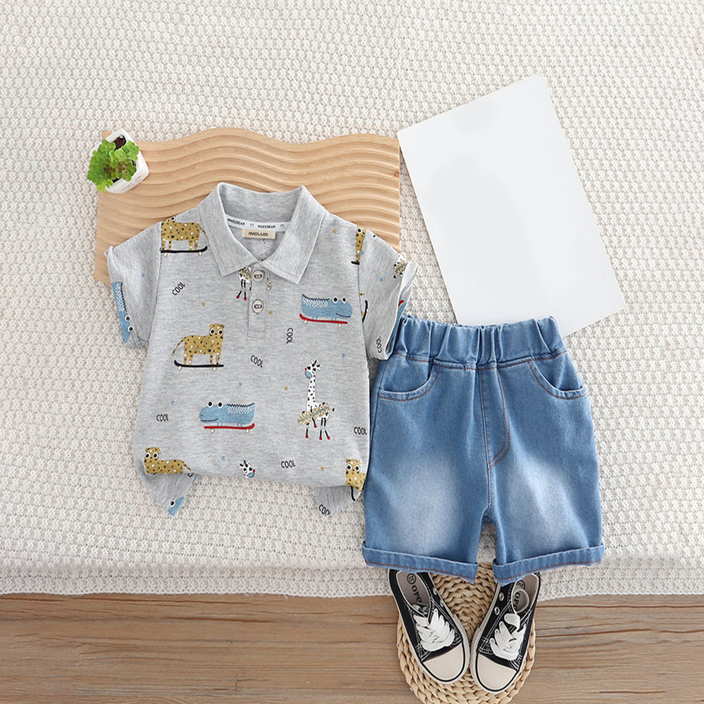 Boys Grey Animals Printed Polo T-Shirt With Denim Shorts Set 2 pc. Sets Grey 1-2 Y