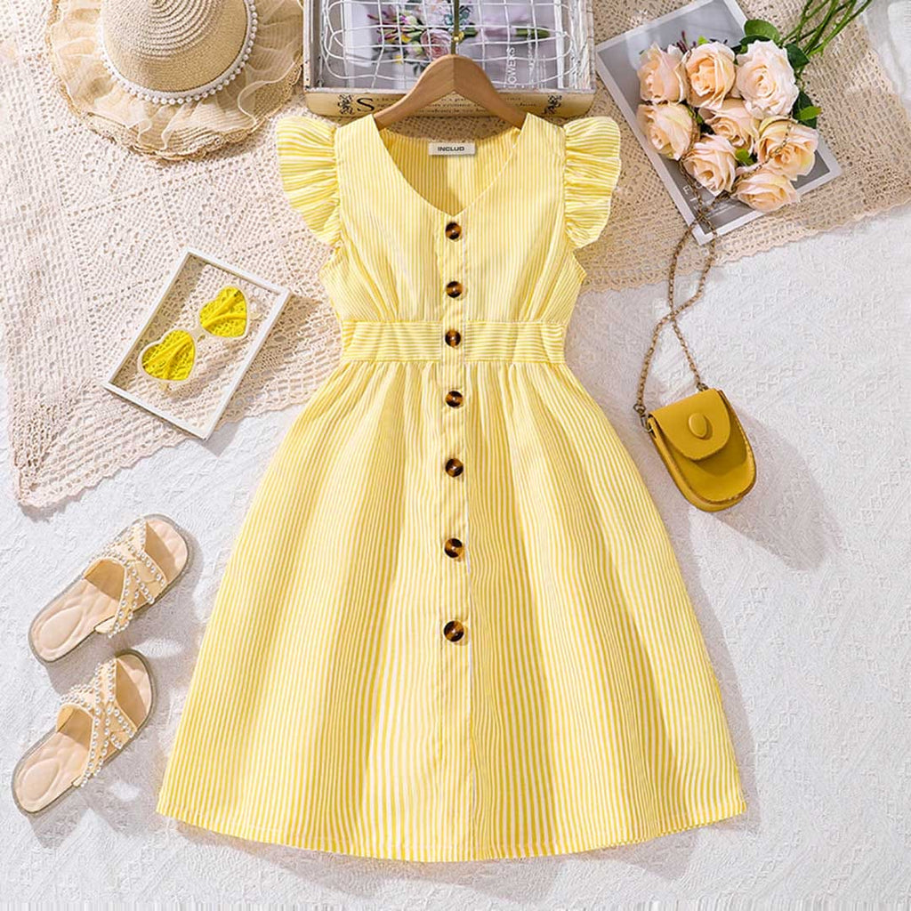 Girls Short Sleeve Fit & Flare Dress Casual Dresses Yellow 7-8 Y 