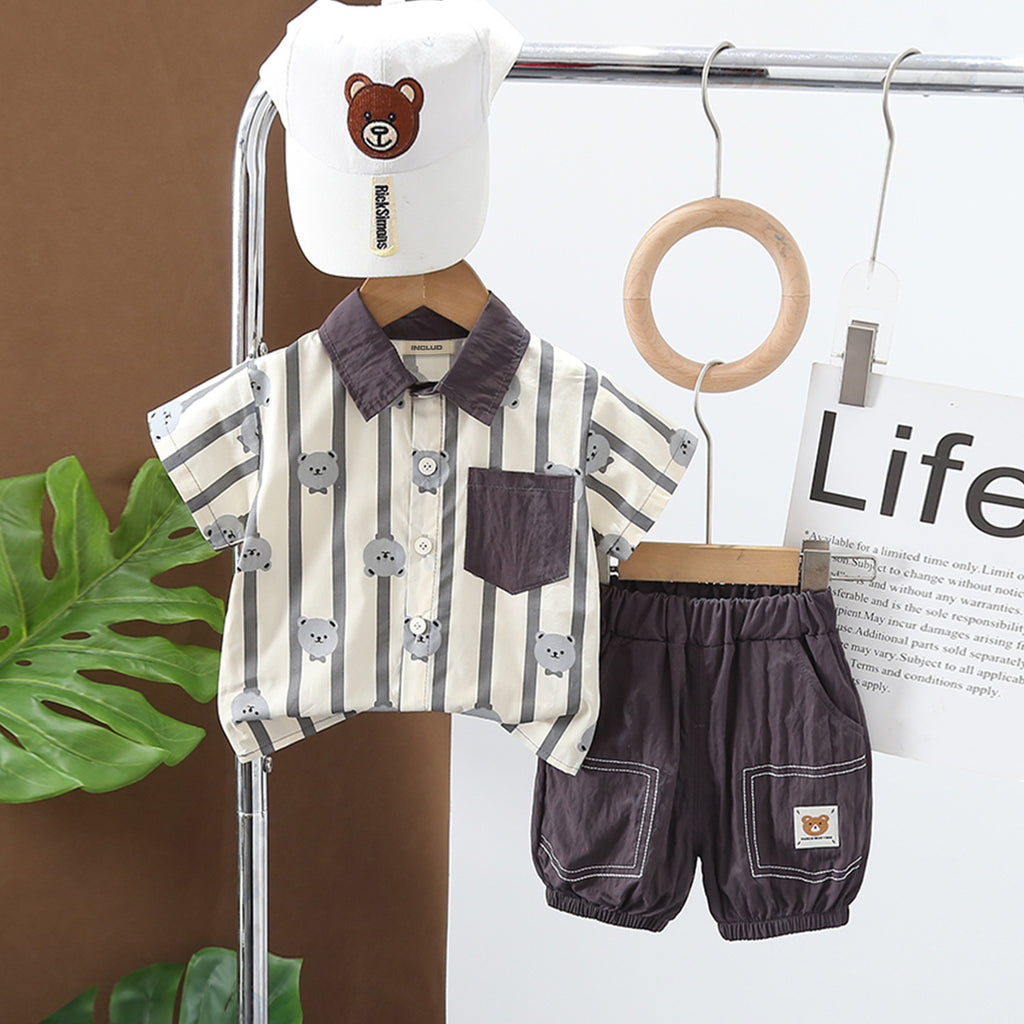 Boys Grey Striped Short Sleeves Shirt With Shorts Set 2 pc. Sets Grey 1-2 Y