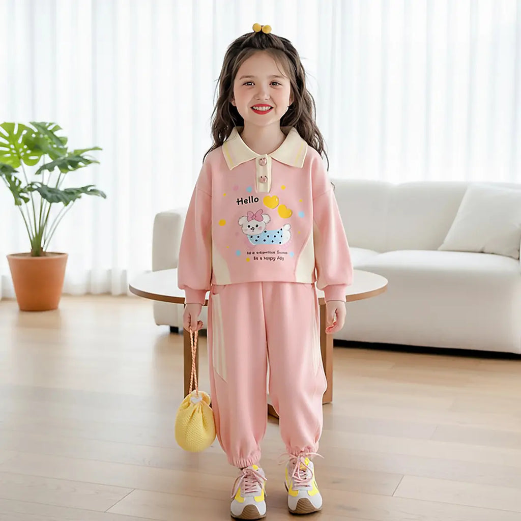 Girls Pink Puppy Cartoon Printed Polo T-Shirt With Jogger Sets Sets Pink 1-2 Y