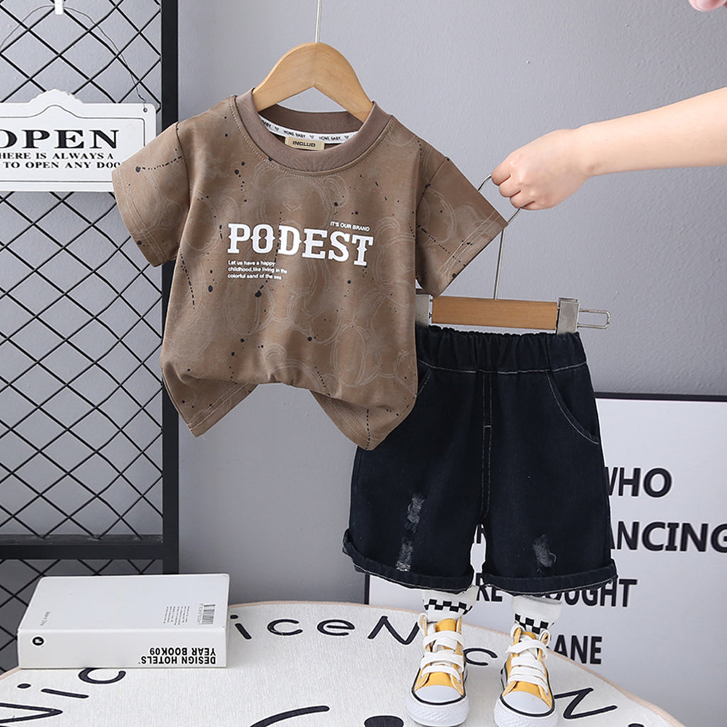 Boys Brown Typography Printed T-Shirt With Elasticated Shorts Set 2 pc. Sets