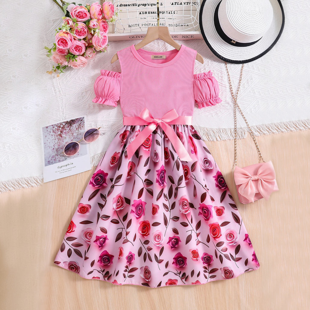 Girls Pink Rose Printed Cold Shoulder Fit And Flared Dress Casual Dresses Pink 3-4 Y