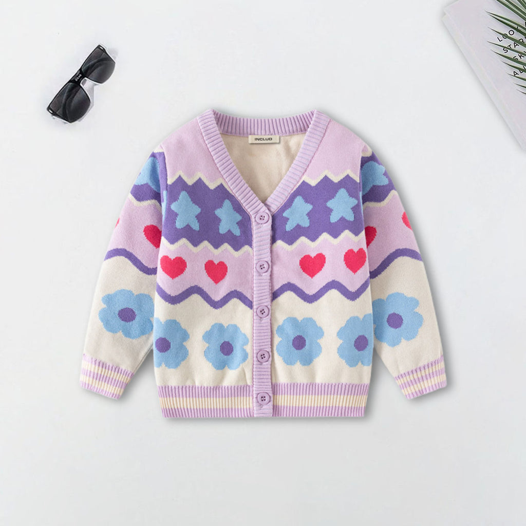 Girls Purple Cardigan With Self-Design Floral Patterns Sweaters & Cardigans Purple 2-3 Y