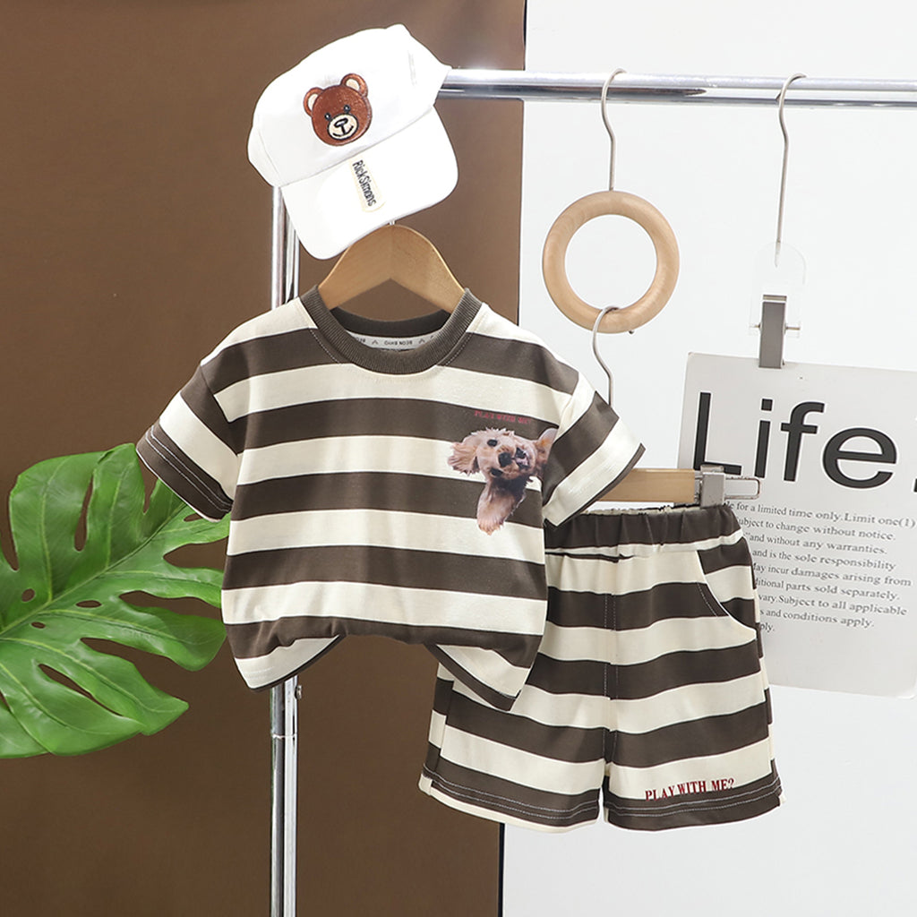 Boys Grey Striped Short Sleeves Round Neck T-shirt With Shorts Set 2 pc. Sets Grey 1-2 Y