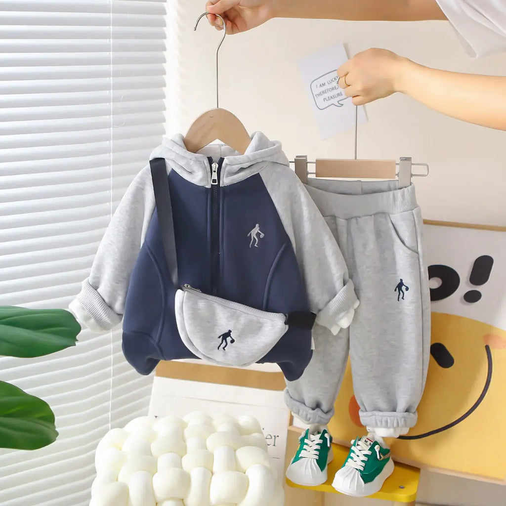 Boys Grey Regular Hooded Sweatshirt With Trouser Sets 3 pc. Sets Grey 1-2 Y