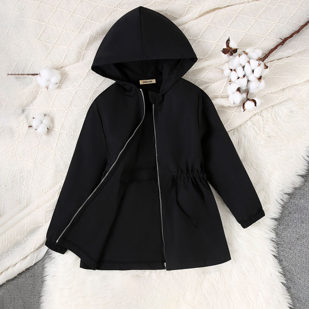 Girls Black Solid Oversized Long Sleeve Hooded Winter Jackets Coats & Jackets Black 7-8 Y