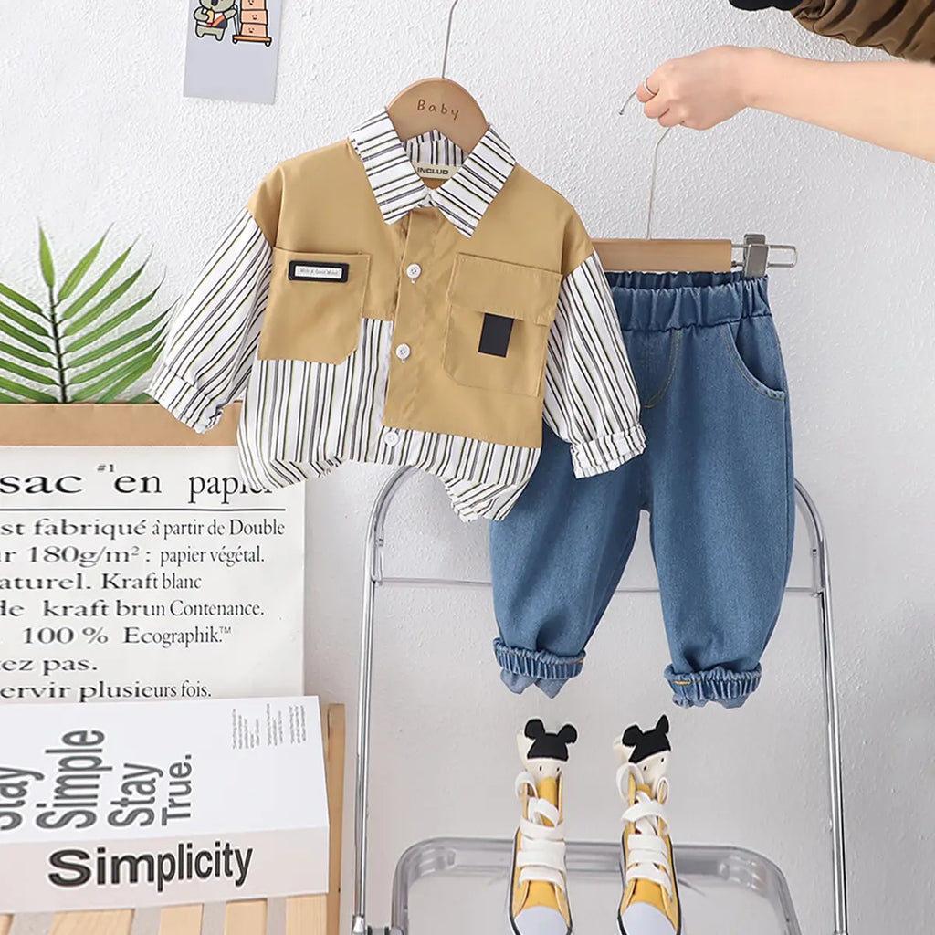 Boys Khaki Stripes Shirt With Denim Jogger Sets Sets Khaki 1-2 Y