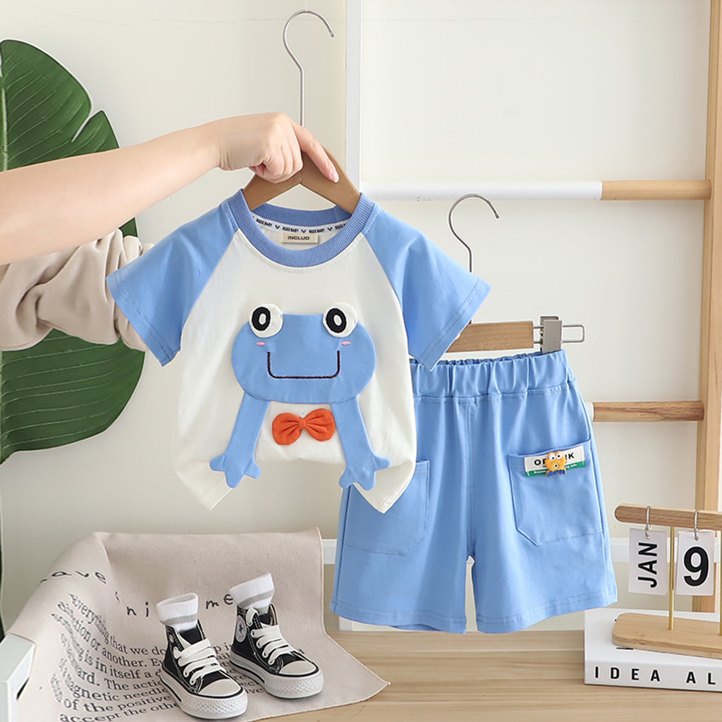 Boys Blue Frog Patch Raglan Sleeve T-shirt With Shorts Set Sets Blue 1-2 Y