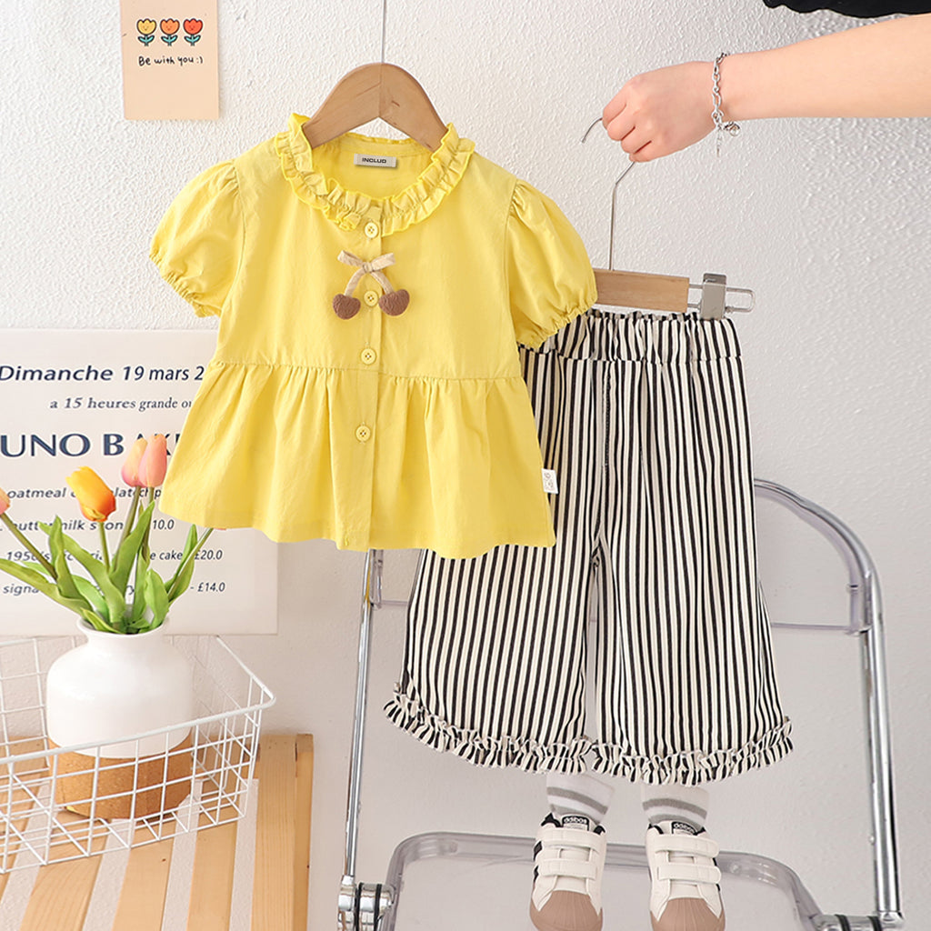 Girls Yellow Puff Sleeves Frilled Neck Peplum Top With Striped Pants Set 2 pc. Sets Yellow 1-2 Y