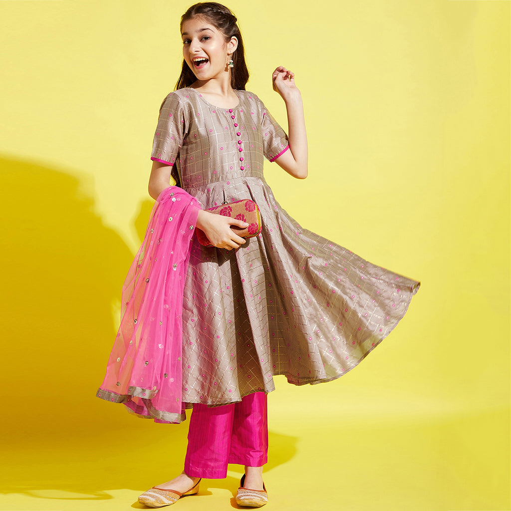 Girls Light Brown Pleated Sequined Kurta With Trousers And Dupatta Set Ethnicwear Girls Light Brown 8-9 Y