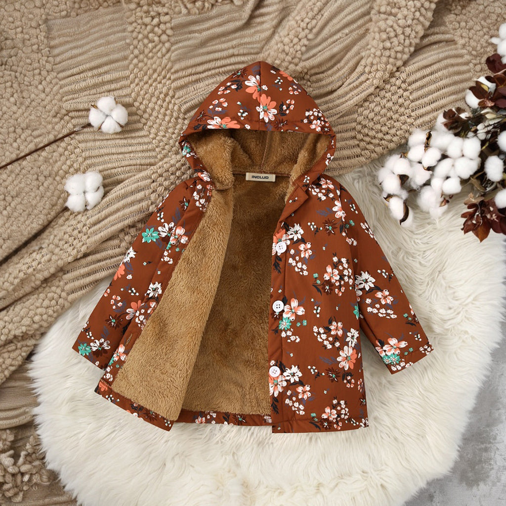 Girls Brown Floral Printed Hooded Front Open Winter Jacket Coats & Jackets Brown 3-4 Y