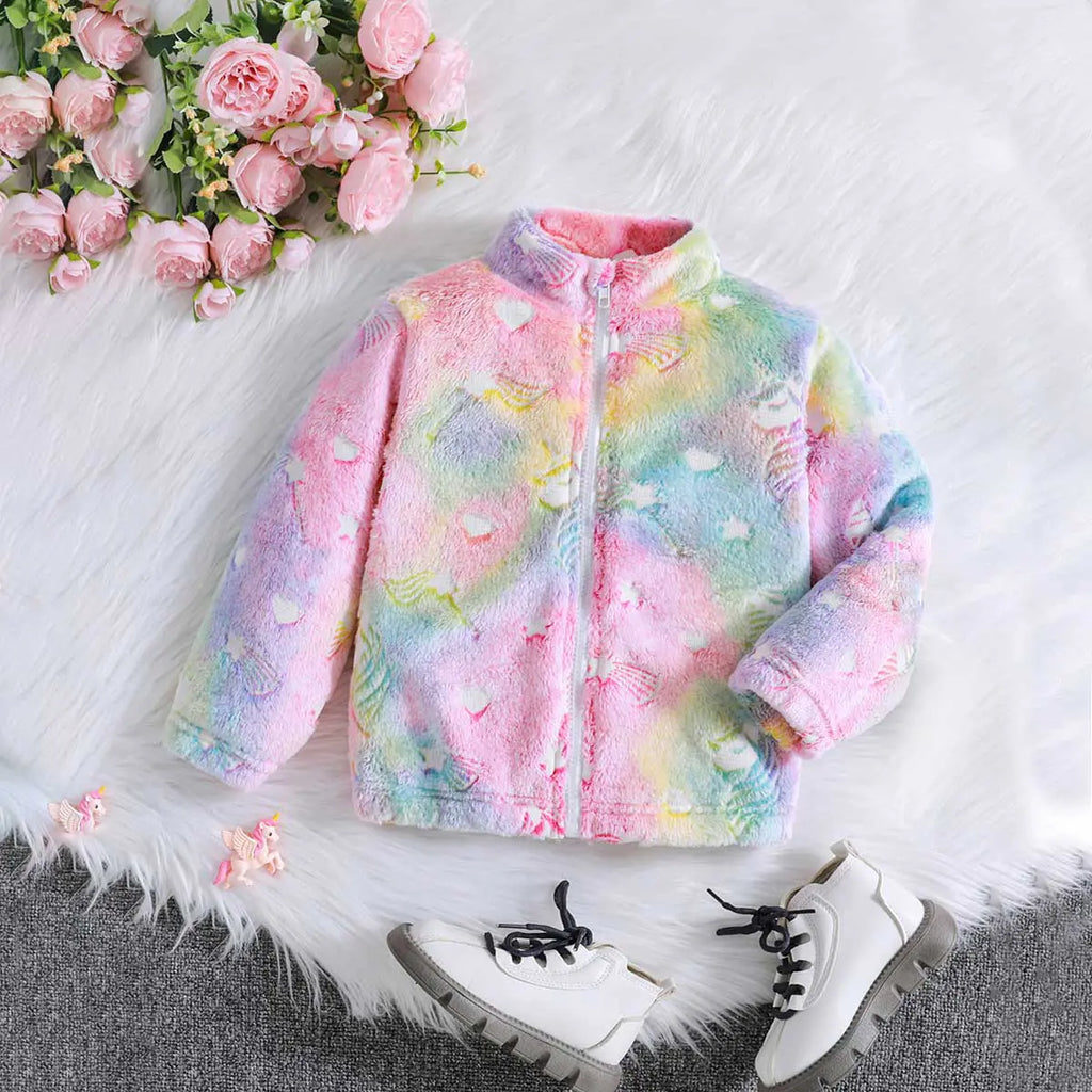 Girls Multicolor Self-Design Tie-Dye Pattern Hooded Zipper Jacket Coats & Jackets Multicolor 3-4 Y