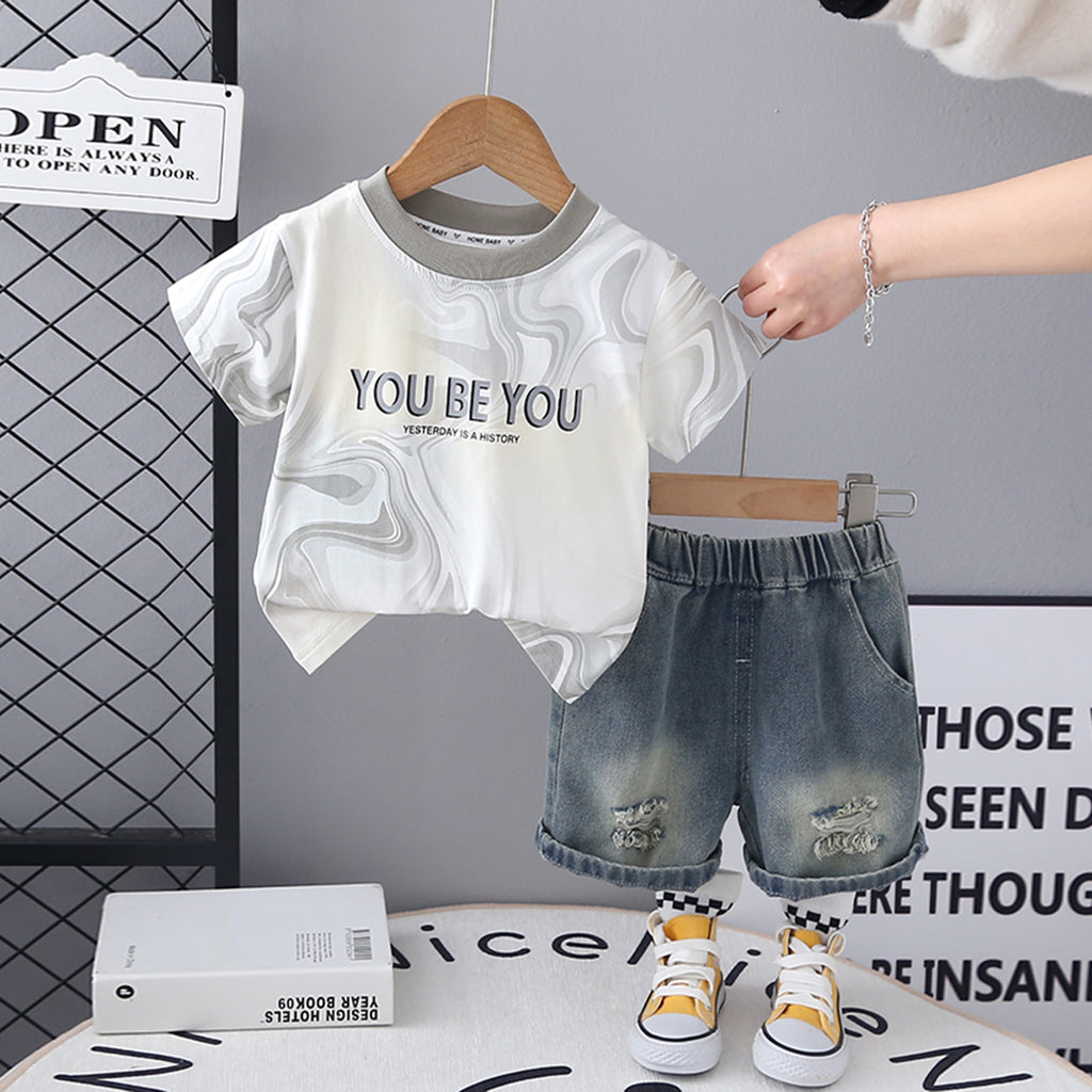 Boys Grey Short Sleeve Printed T-Shirt With Denim Shorts Set 2 pc. Sets Grey 1-2 Y