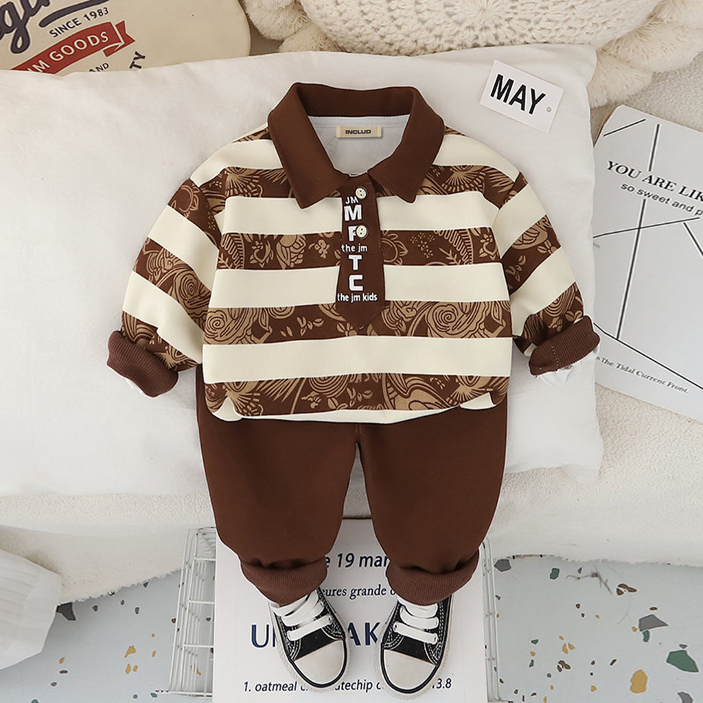 Boys Brown Stripes Polo T-Shirt With Attached Neck Tie & Joggers Set 2 pc. Sets Brown 1-2 Y
