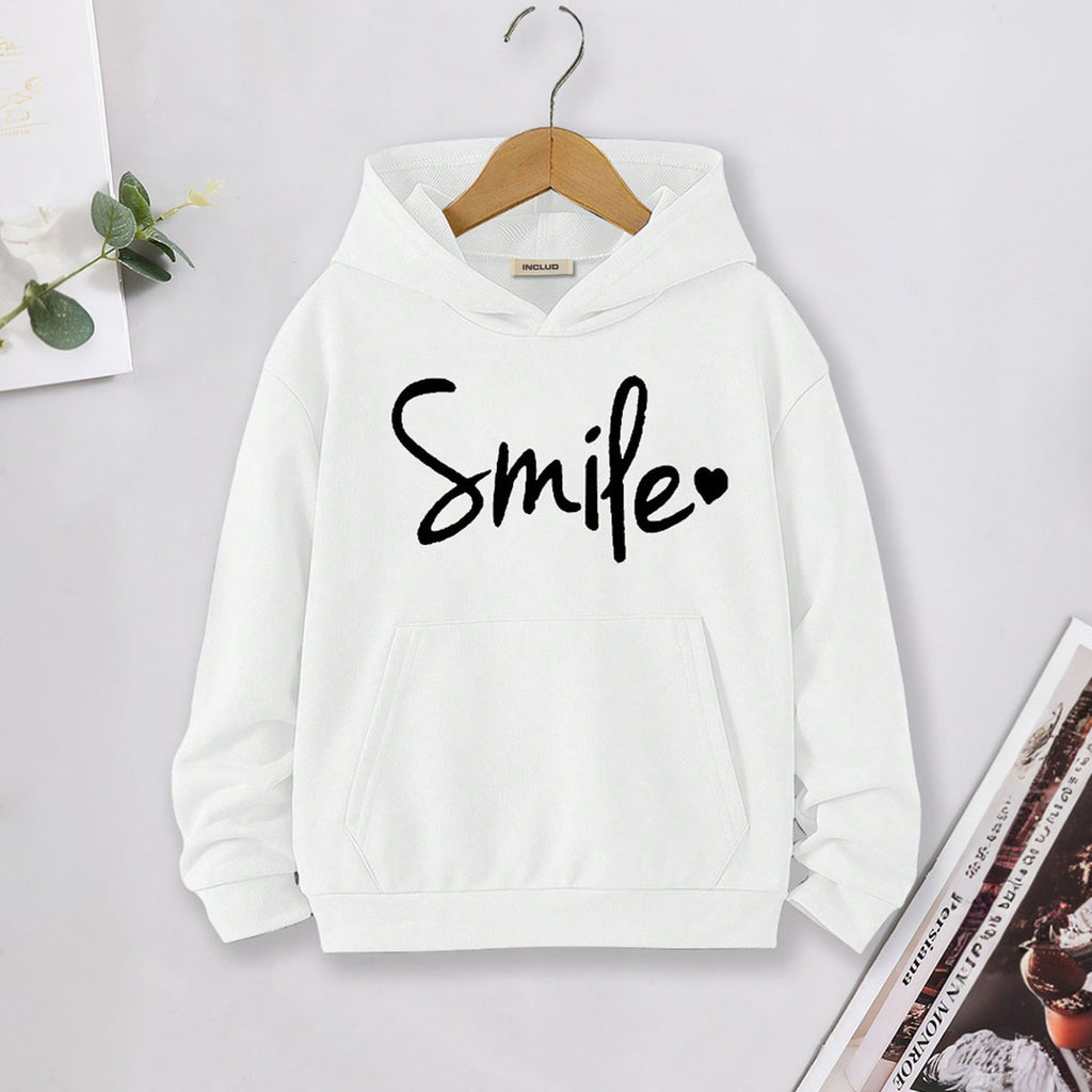 Girls White Smile Printed Hooded Sweatshirt Sweatshirts & Hoodies White 7-8 Y