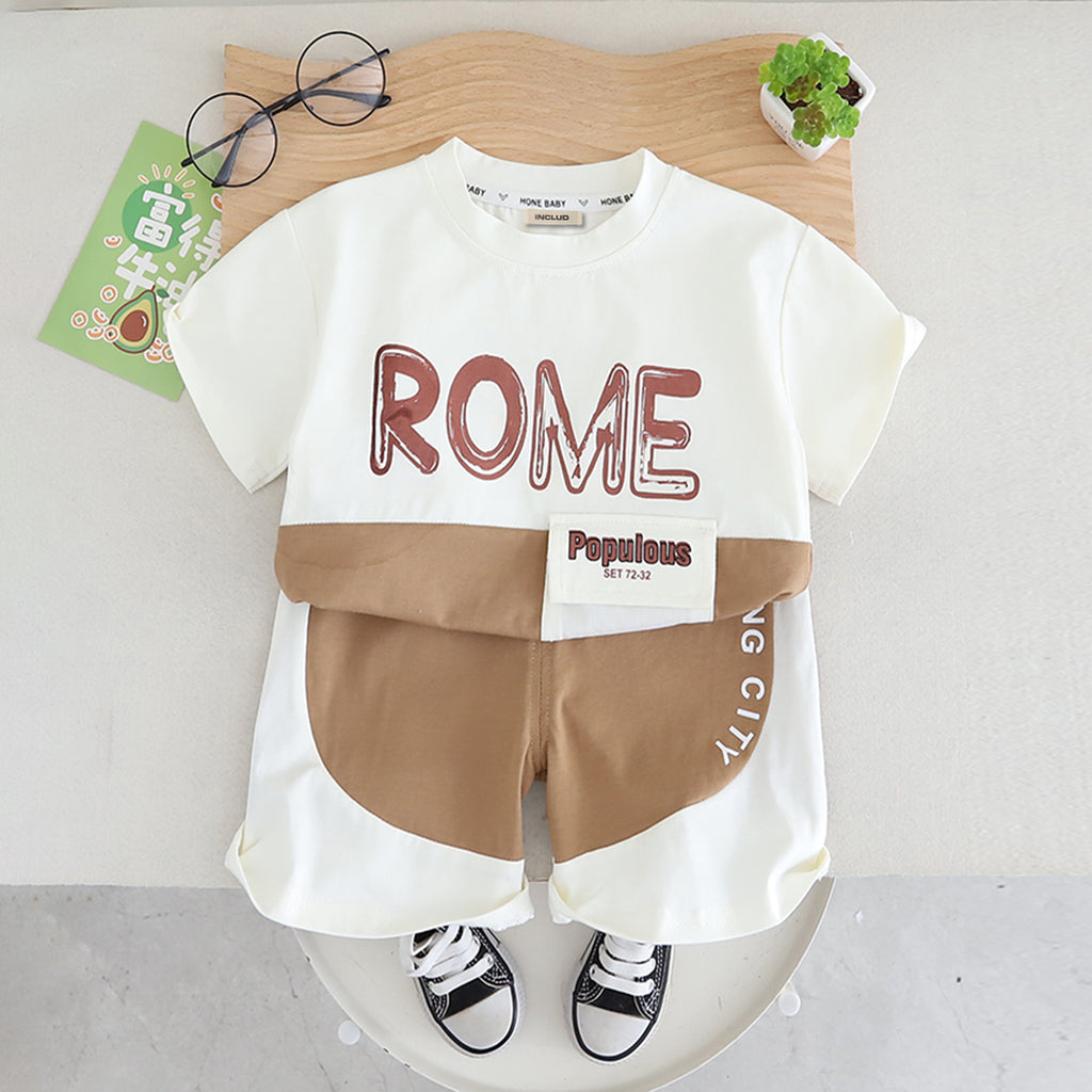 Boys Brown Printed T-shirt with Flap Pocket & Shorts Set 2 pc. Sets Brown 1-2 Y